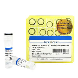 pcr grade water for pcr or rt-pcr applications, tested to be nuclease free and prokaryotic and eukaryotic genomic dna free. sterile. 1.8ml per vial, pack of 25 vials, 30 packs/case, case of 750 vials.|19-6018-25C