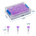 cryoking sbs combo, 0.4ml vials + rack；vial caps:lavender purple. dimensions(mm): 128x85x56. sterile. rnase& dnase free, non-pryogenic,working temperature : -196 ℃--120 ℃，96 vials/1 sets/bag ,10 bags/|89-5045