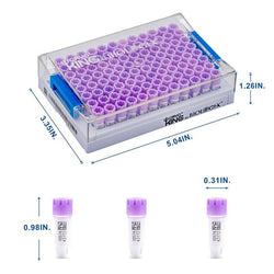 cryoking sbs combo, 0.4ml vials + rack；vial caps:lavender purple. dimensions(mm): 128x85x56. sterile. rnase& dnase free, non-pryogenic,working temperature : -196 ℃--120 ℃，96 vials/1 sets/bag ,10 bags/|89-5045