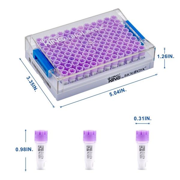 cryoking sbs combo, 0.4ml vials + rack；vial caps:lavender purple. dimensions(mm): 128x85x56. sterile. rnase& dnase free, non-pryogenic,working temperature : -196 ℃--120 ℃，96 vials/1 sets/bag ,10 bags/|89-5045