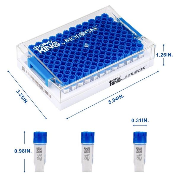 cryoking sbs combo, 0.4ml vials + rack；vial caps: biologix blue. dimensions(mm): 128x85x56. sterile. rnase& dnase free, non-pryogenic,working temperature : -196 ℃--120 ℃，96 vials/1 sets/bag ,10 bags/p|89-5043