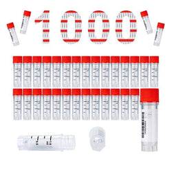cryoking 1.0ml clear polypropylene sterile cryovials with external thread and red caps assembled.  cryovials have writing patch and marked graduations. 25 cryovials/bag, 20 bags/pack, 2 packs/case, wi|88-6101