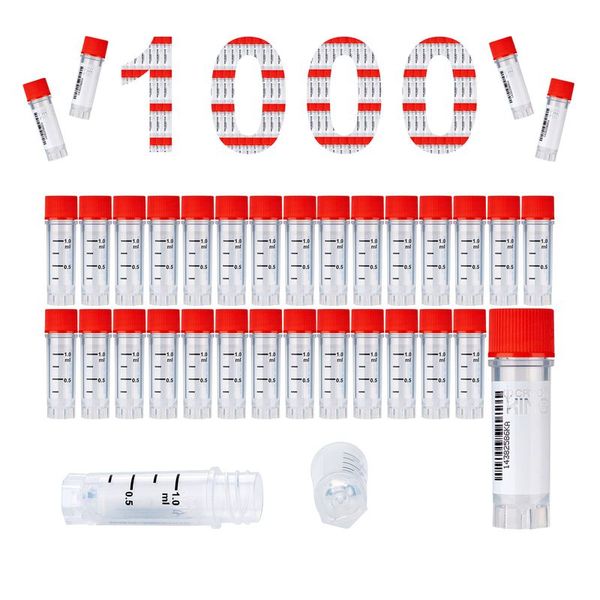 cryoking 1.0ml clear polypropylene sterile cryovials with external thread and red caps assembled.  cryovials have writing patch and marked graduations. 25 cryovials/bag, 20 bags/pack, 2 packs/case, wi|88-6101