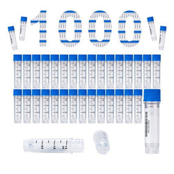 cryoking 1.5ml clear polypropylene sterile cryovials with external thread and blue caps assembled.  cryovials have writing patch and marked graduations.  25 cryovials/bag, 20 bags/pack, 2 packs/case|88-6153