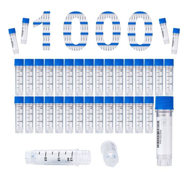 cryoking 1.5ml clear polypropylene sterile cryovials with external thread and blue caps assembled.  cryovials have writing patch and marked graduations.  25 cryovials/bag, 20 bags/pack, 2 packs/case|88-6153