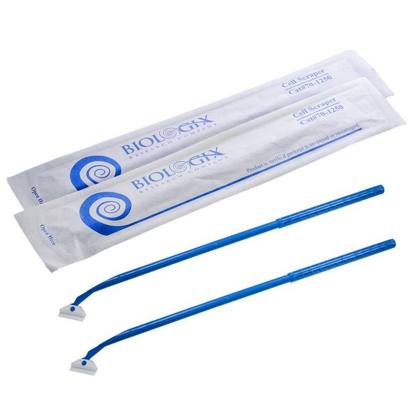 biologix disposable polyethylene sterile cell scraper (handle length: 250mm, blade length: 18mm). scrapers come individually wrapped.  200/case|70-1250