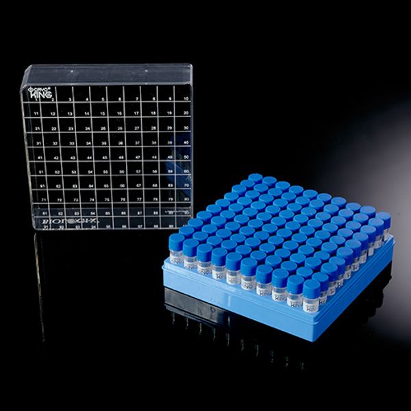 cryoking 1.5ml clear polypropylene sterile pre-set bottom 2d barcoded cryovials with external thread and blue caps assembled.  cryovials have writing patch and marked graduations.  vials come loaded i|89-3153