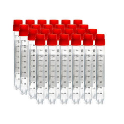 cryoking 5.0ml clear polypropylene sterile cryovials with external thread and red caps assembled.  cryovials come with side barcode and marked graduations. 25 cryovials/bag, 20 bags/pack, 2 packs/case|88-6501S