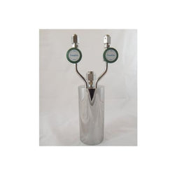 Stainless steel bubbler, 600ml, vertical, electropolished with fill-port, high temp valves (315°C) with rotated handles, no dip tube, stems same height, DOT 4B|95-4610