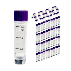 cryoking 1.5ml clear polypropylene sterile cryovials with external thread and purple caps assembled.  cryovials come with 2d code on the bottom, side barcode and marked graduations.  25 cryovials/bag|88-9155
