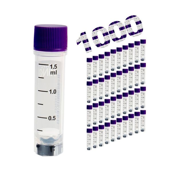 cryoking 1.5ml clear polypropylene sterile cryovials with external thread and purple caps assembled.  cryovials come with 2d code on the bottom, side barcode and marked graduations.  25 cryovials/bag|88-9155