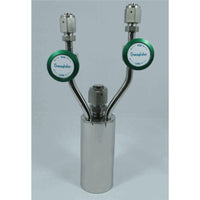 Stainless steel bubbler, 150ml, vertical, electropolished with fill-port, high temp valves (315°C) with rotated handles, DOT 4B|95-4155