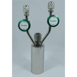 Stainless steel bubbler, 150ml, vertical, electropolished with fill-port, high temp valves (315°C) with rotated handles, DOT 4B|95-4155