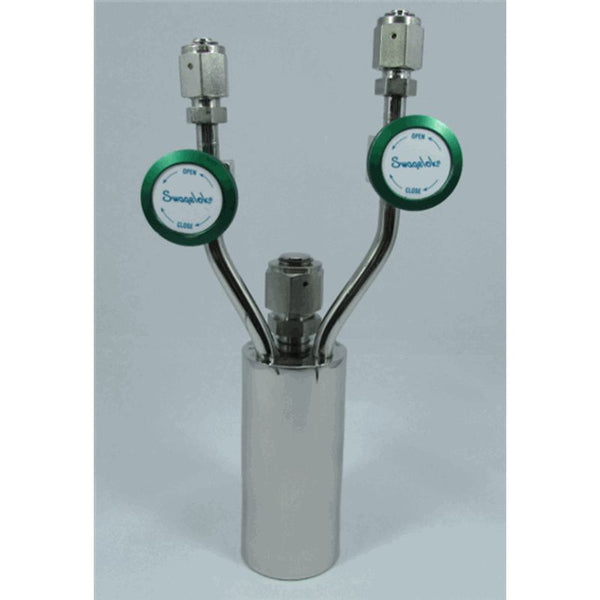 Stainless steel bubbler, 150ml, vertical, electropolished with fill-port, high temp valves (315°C) with rotated handles, DOT 4B|95-4155