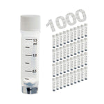cryoking 1.5ml clear polypropylene sterile cryovials with external thread and white caps assembled.  cryovials come with 2d code on the bottom, side barcode and marked graduations.  25 cryovials/bag|88-9150