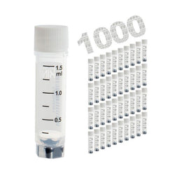cryoking 1.5ml clear polypropylene sterile cryovials with external thread and white caps assembled.  cryovials come with 2d code on the bottom, side barcode and marked graduations.  25 cryovials/bag|88-9150