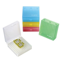 biologix 2 inch 100 well polypropylene freezer box with 3-hinged lid (dimensions: 141x153.7x54.6mm). boxes have marked alphanumeric grid for identification purposes. boxes come in assorted colors (cle|90-9100