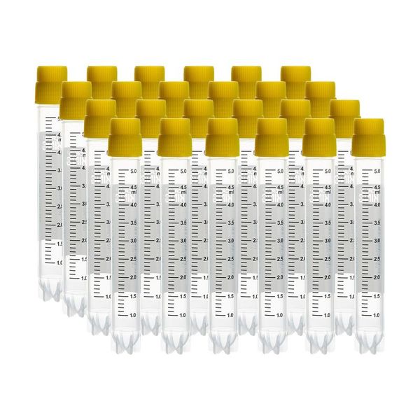 cryoking 5.0ml clear polypropylene sterile cryovials with external thread and yellow caps assembled.  cryovials come with side barcode and marked graduations. 25 cryovials/bag, 20 bags/pack, 2 packs/c|88-6504S