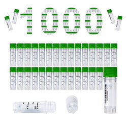 cryoking 1.0ml clear polypropylene sterile cryovials with external thread and green caps assembled.  cryovials have writing patch and marked graduations. 25 cryovials/bag, 20 bags/pack, 2 packs/case|88-6102