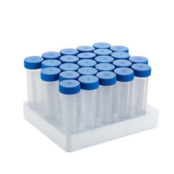 biologix 50ml clear polypropylene sterile conical bottom centrifuge tubes with polyethylene flat top screw caps assembled. tubes have writing patch and marked graduations. tubes come loaded into rack.|10-9501