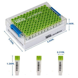 cryoking sbs combo, 0.75ml vials + rack；vial caps: lime green. dimensions(mm): 128x85x56. sterile. rnase& dnase free, non-pryogenic,working temperature : -196 ℃--120 ℃，96 vials/1 sets/bag ,10 bags/pac|89-5082