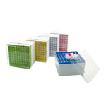 biologix 3.75 inch 81 well polycarbonate freezer box (dimensions: 132x132x95mm) with removable lid. boxes/lids have numeric grid for identification purposes. boxes come in assorted colors (red, yellow|90-9381