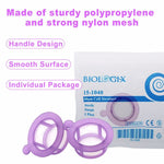 biologix 40μm sterile nylon mesh cell strainer with purple polypropylene frame featuring molded tab for easy handling. (compatible with biologix 50ml centrifuge tubes.) strainers come individually wra|15-1040