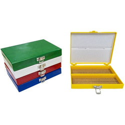 biologix 100-place (8.25x6.37x1.25”) assorted color (red, yellow, green, blue and white) non-sterile abs material slide storage box with cork lining for use with 1” and 3” microscope slides.  comes wi|41-6100