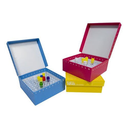 cryoking 2 inch 100 well water resistant id-color? cardboard freezer boxes with hinged lid and divider made of abs material.  boxes have marked alphanumeric grid for identification purposes. boxes com|90-8200
