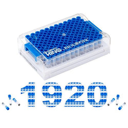 cryoking 500ul sbs format screw top minitubes with blue caps. vials come loaded into a barcoded 96-well rack with square wells to eliminate slip. the internally threaded crovials feature 2d barcodes o|89-4253