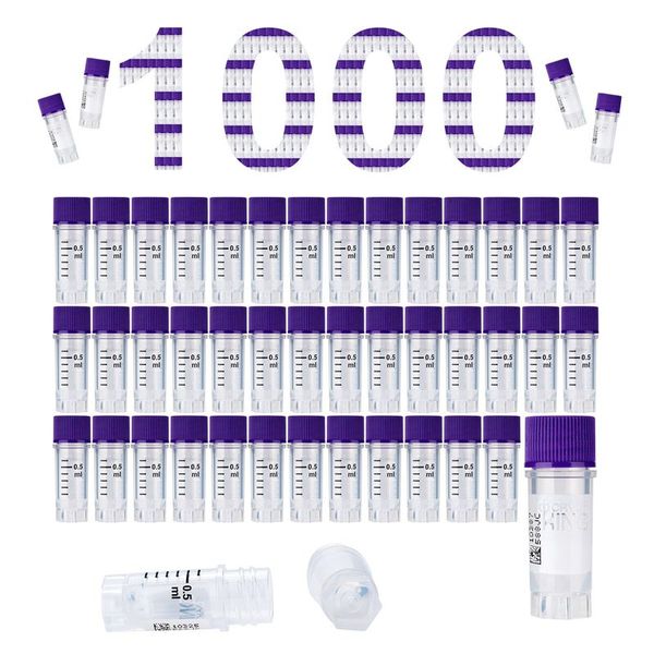 cryoking 1.0ml clear polypropylene sterile cryovials with external thread and purple caps assembled.  cryovials have writing patch and marked graduations. 25 cryovials/bag, 20 bags/pack, 2 packs/case|88-6055