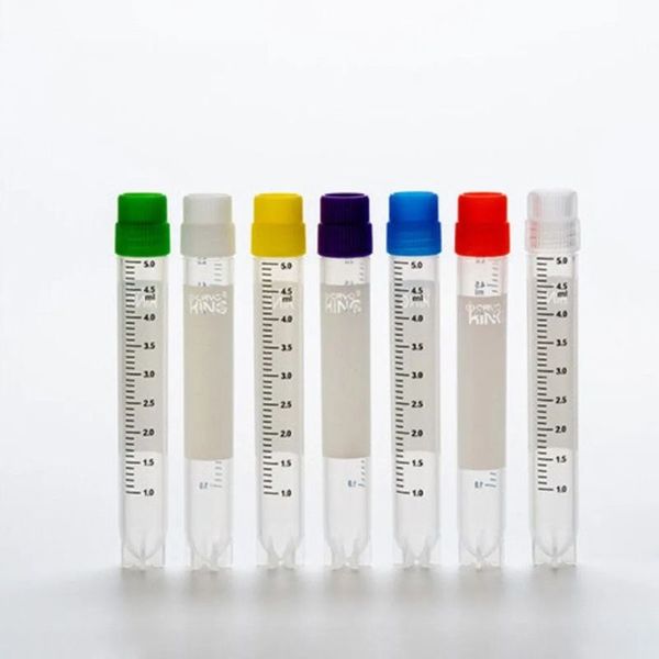 cryoking 5.0ml clear polypropylene sterile cryovials with external thread and puerple caps assembled.  cryovials have writing patch and marked graduations. 25 cryovials/bag, 20 bags/pack, 2 packs/case|88-3505S