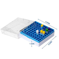 biologix 2 inch 81 well polycarbonate freezer box (dimensions: 132x132x53mm) with removable lid. boxes/lids have numeric grid for identification purposes. boxes come in assorted colors (red, yellow, g|90-9009